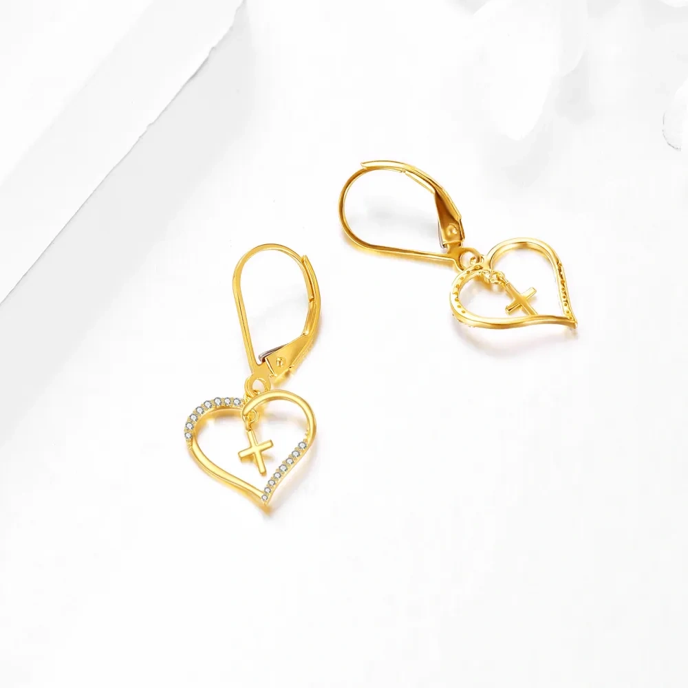 10K Yellow Gold Circular Cubic Zirconia Cross & Heart Lever-back Earrings-4