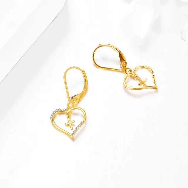 Orecchini a leva con croce e cuore in zirconi cubici circolari in oro giallo 14K-4