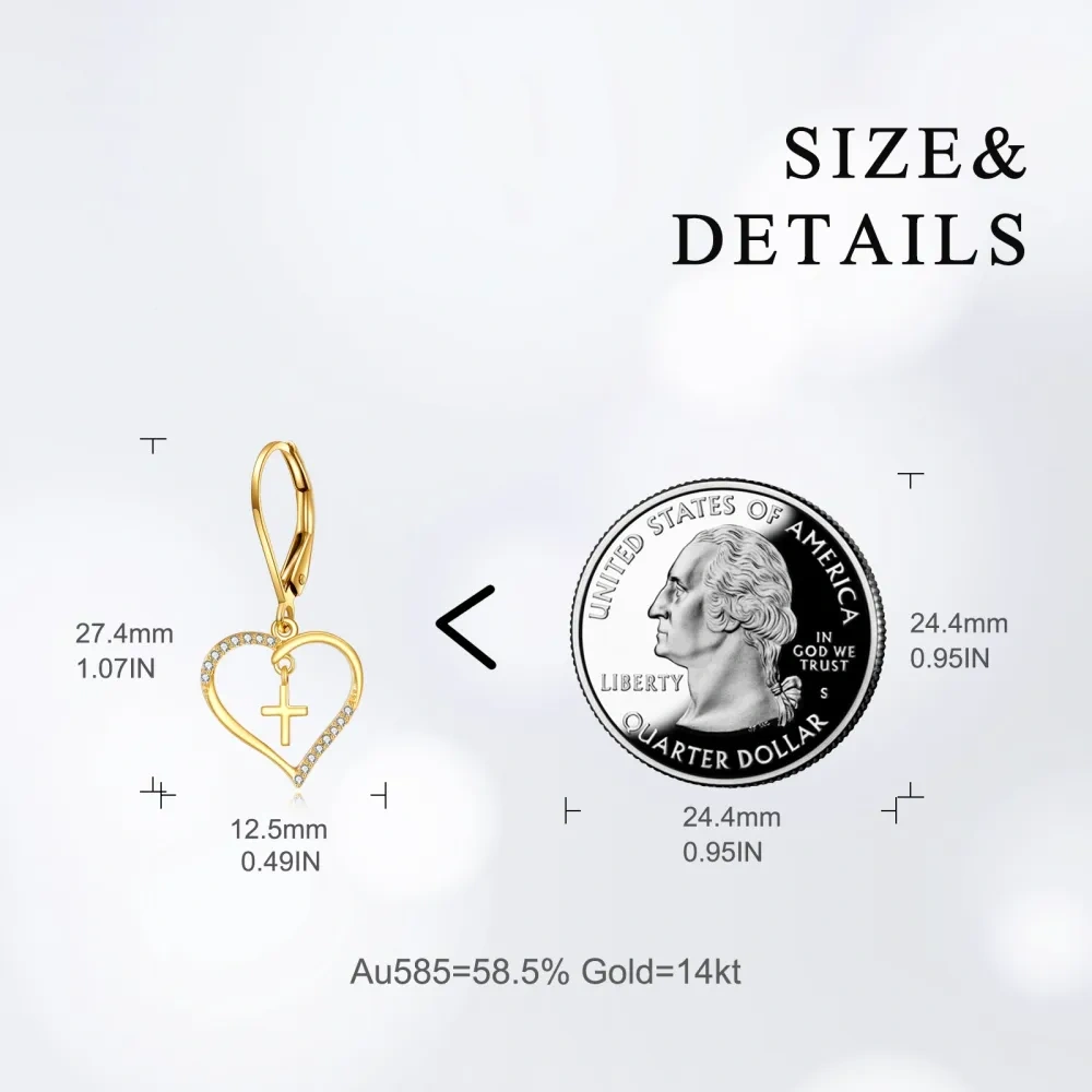 10K Yellow Gold Circular Cubic Zirconia Cross & Heart Lever-back Earrings-5