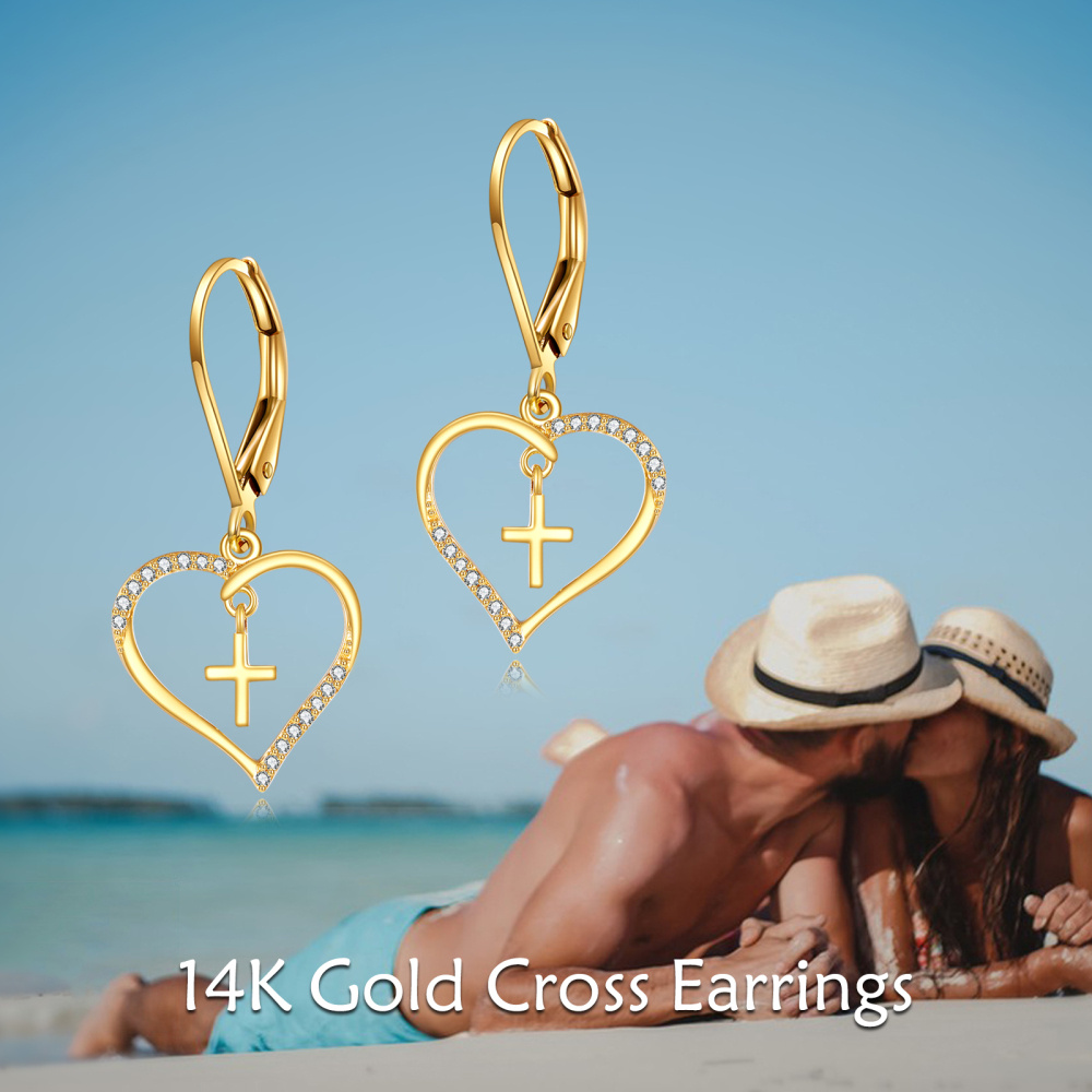10K Yellow Gold Circular Cubic Zirconia Cross & Heart Lever-back Earrings-6