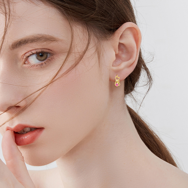 أقراط من الذهب الأبيض عيار 10 قيراط بتصميم قطة كريستالية مستديرة القطع مع رافعة خلفية-2