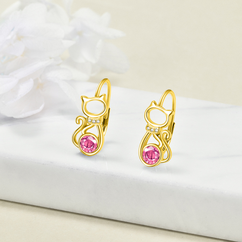 أقراط من الذهب الأبيض عيار 10 قيراط بتصميم قطة كريستالية مستديرة القطع مع رافعة خلفية-3