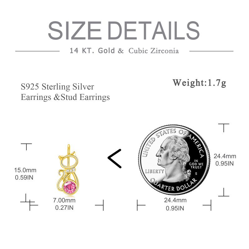 أقراط من الذهب الأبيض عيار 10 قيراط بتصميم قطة كريستالية مستديرة القطع مع رافعة خلفية-5