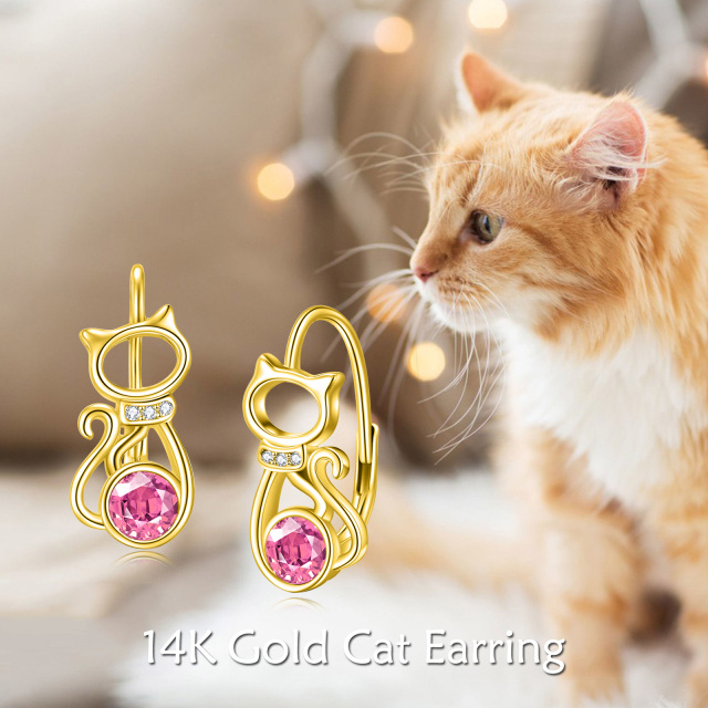 Boucles d'oreilles à levier en or jaune 14 carats avec chat en cristal circulaire-6