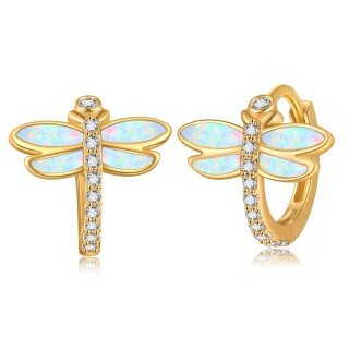 10K Yellow Gold Circular Cubic Zirconia Dragonfly Hoop Earrings-6