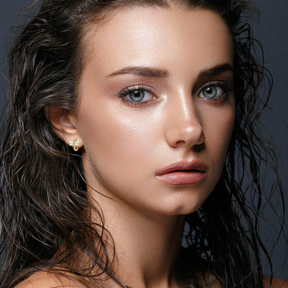 10K Yellow Gold Circular Cubic Zirconia Dragonfly Hoop Earrings-2