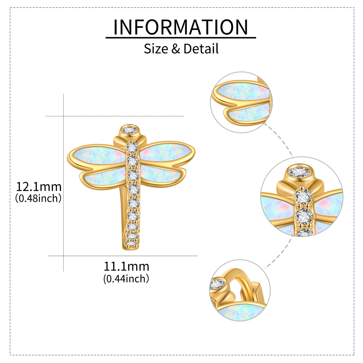 Boucles d'oreilles créoles libellules en or jaune 14 carats avec zircone cubique circulaire-5