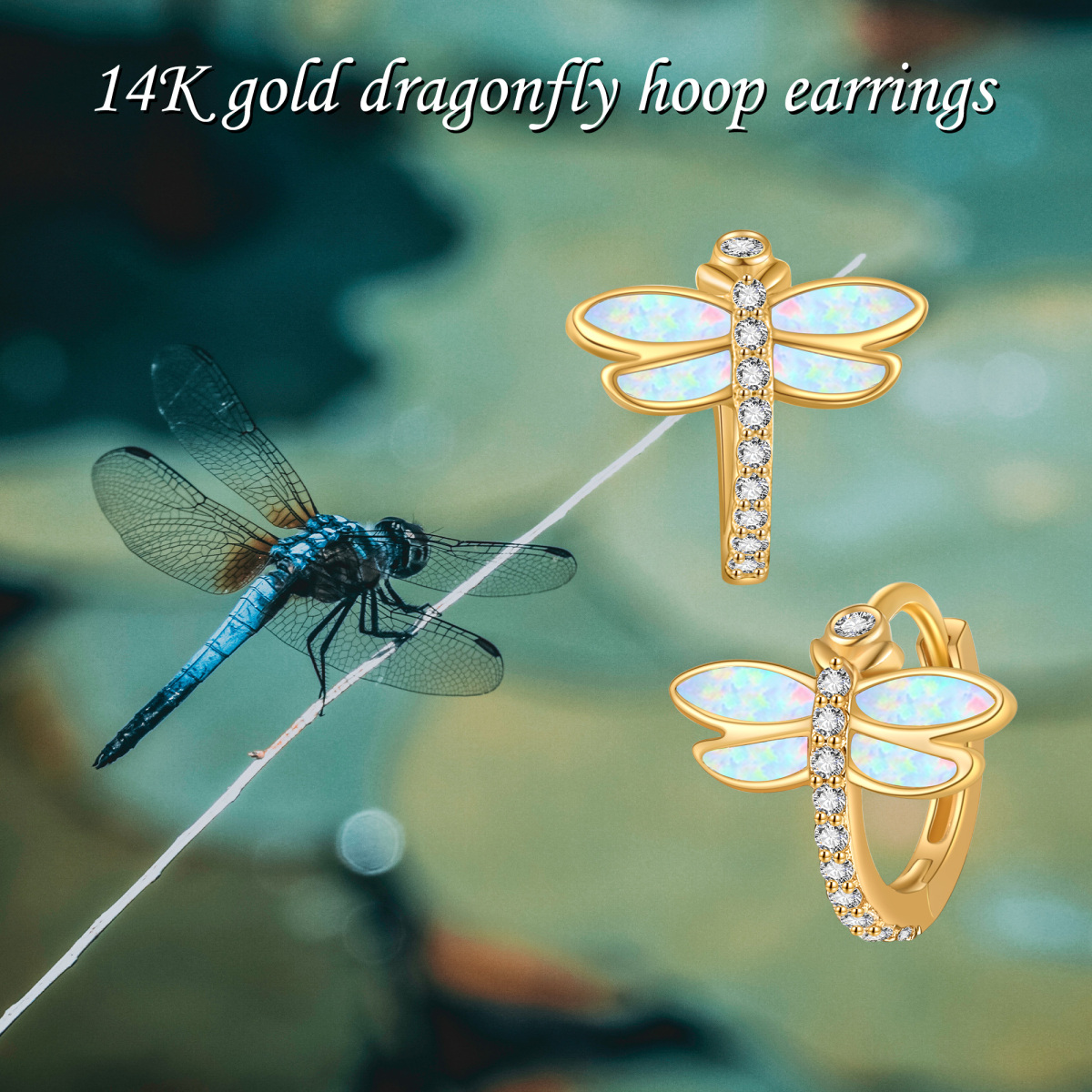 14K Yellow Gold Circular Cubic Zirconia Dragonfly Hoop Earrings-6