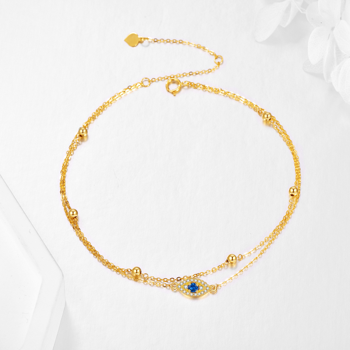 14K Yellow Gold Circular Cubic Zirconia Evil Eye Multi-layered Anklet-3