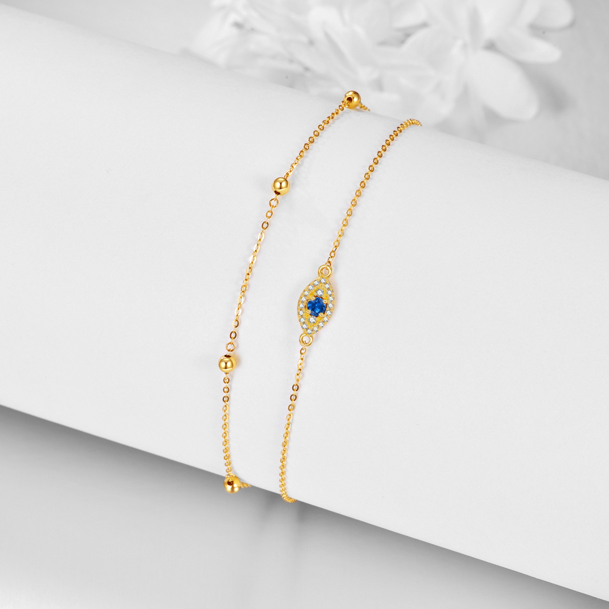 14K Yellow Gold Circular Cubic Zirconia Evil Eye Multi-layered Anklet-4