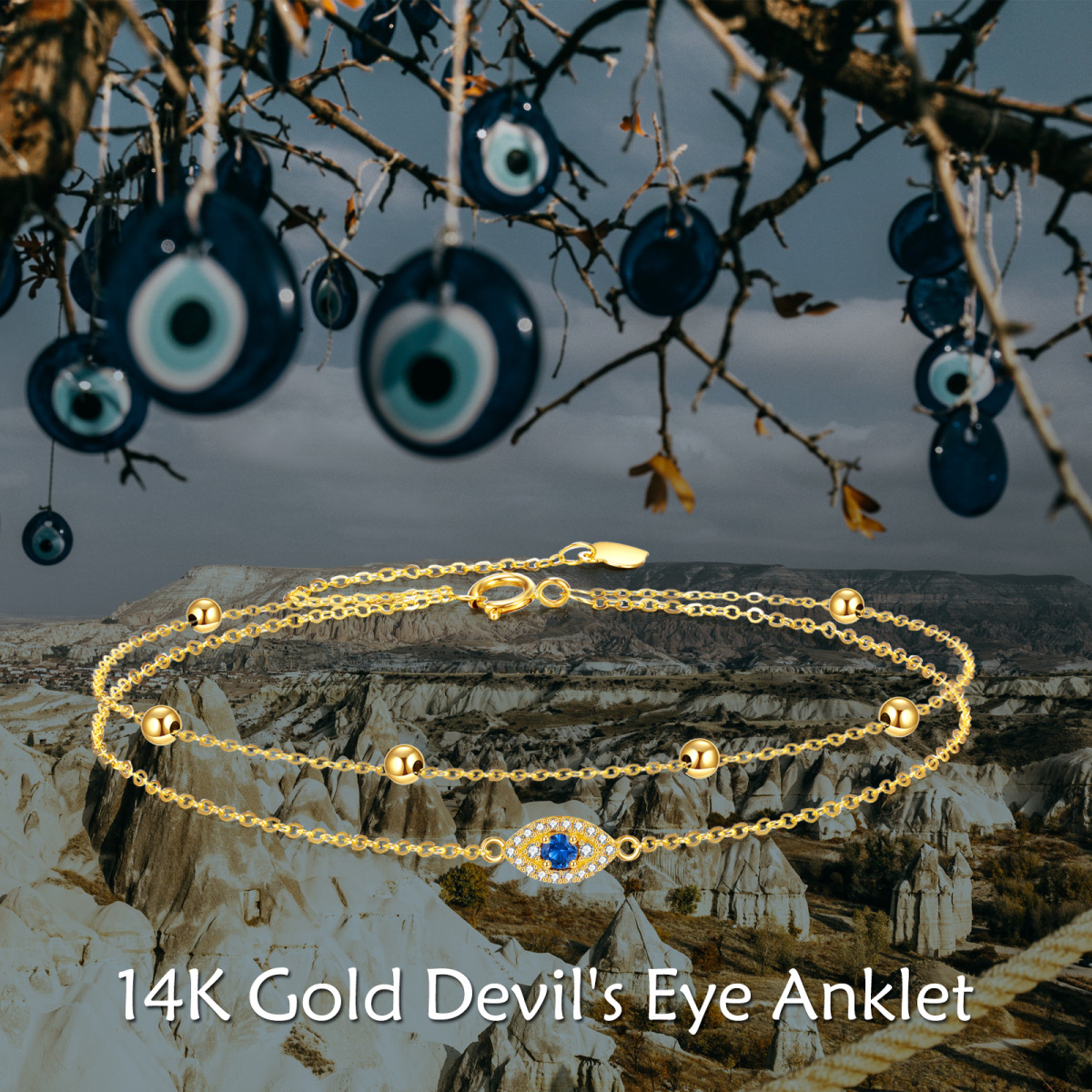 14K Yellow Gold Circular Cubic Zirconia Evil Eye Multi-layered Anklet-6