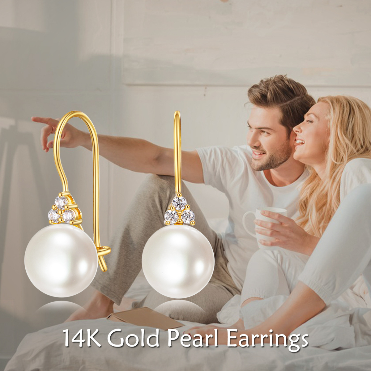 10K Yellow Gold Circular Freshwater Pearl Bead Drop Earrings-6