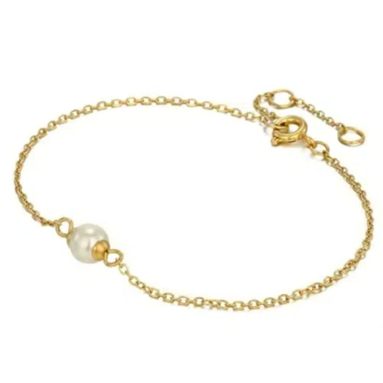 14K Yellow Gold Circular Freshwater Pearl Bead Single Layer Anklet