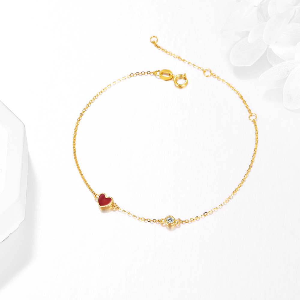 10K Yellow Gold Circular Cubic Zirconia Heart Charm Bracelet-3