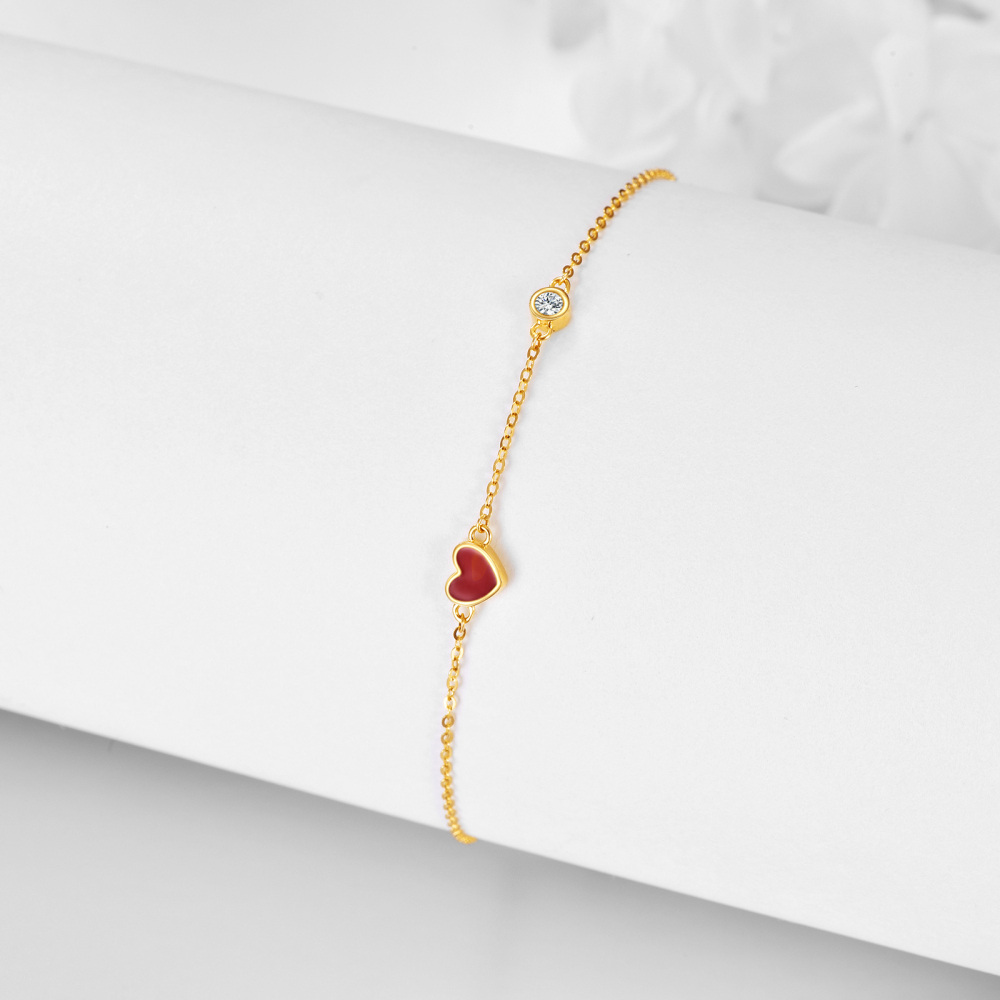 10K Yellow Gold Circular Cubic Zirconia Heart Charm Bracelet-4
