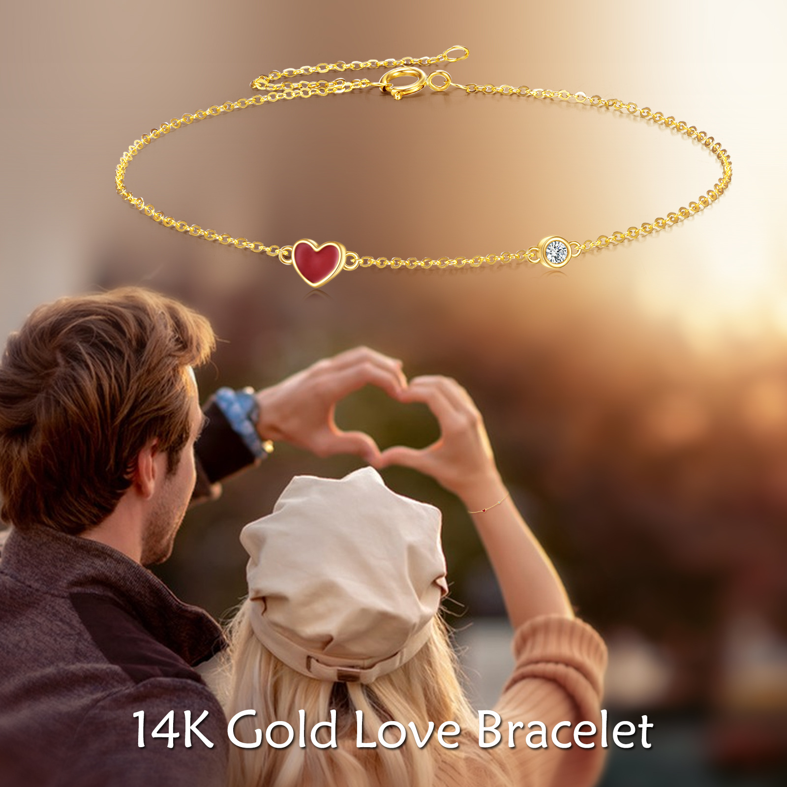 Bracciale con ciondolo a forma di cuore in zirconia cubica circolare in oro giallo 14K-6