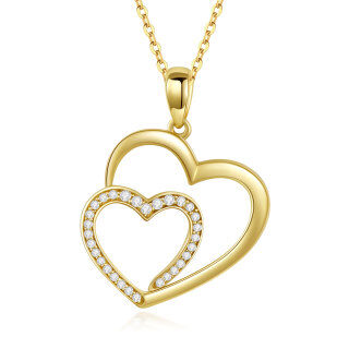 10K Yellow Gold Circular Cubic Zirconia Interlocking Hearts Pendant Necklace For Women-12