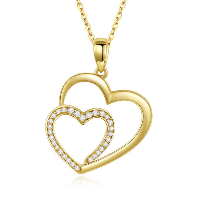 14K Yellow Gold Circular Cubic Zirconia Heart With Heart Pendant Necklace-1