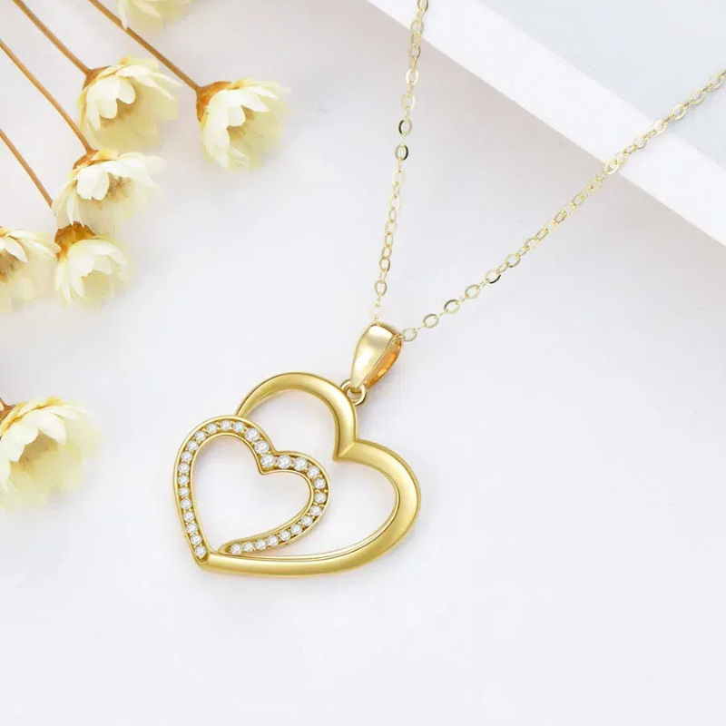 14K Yellow Gold Circular Cubic Zirconia Heart With Heart Pendant Necklace-3