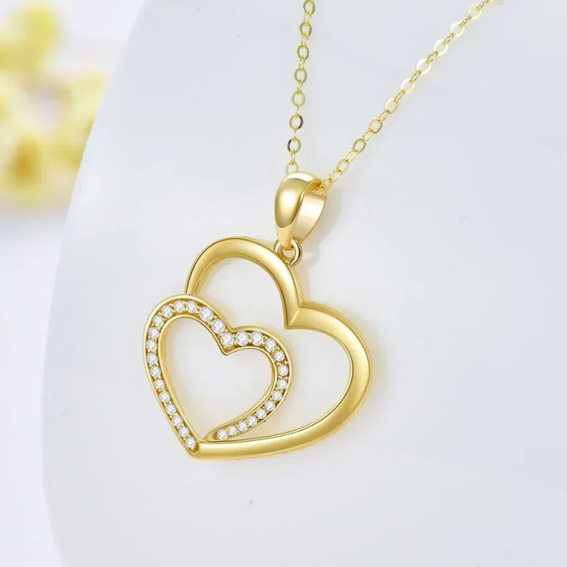 14K Yellow Gold Circular Cubic Zirconia Heart With Heart Pendant Necklace-4