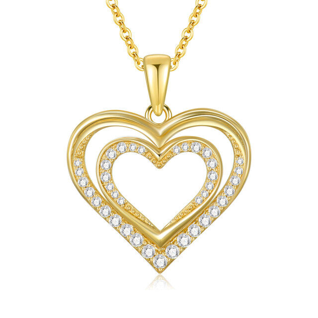 Collana con ciondolo a forma di cuore in zirconia cubica circolare in oro giallo 14K-1