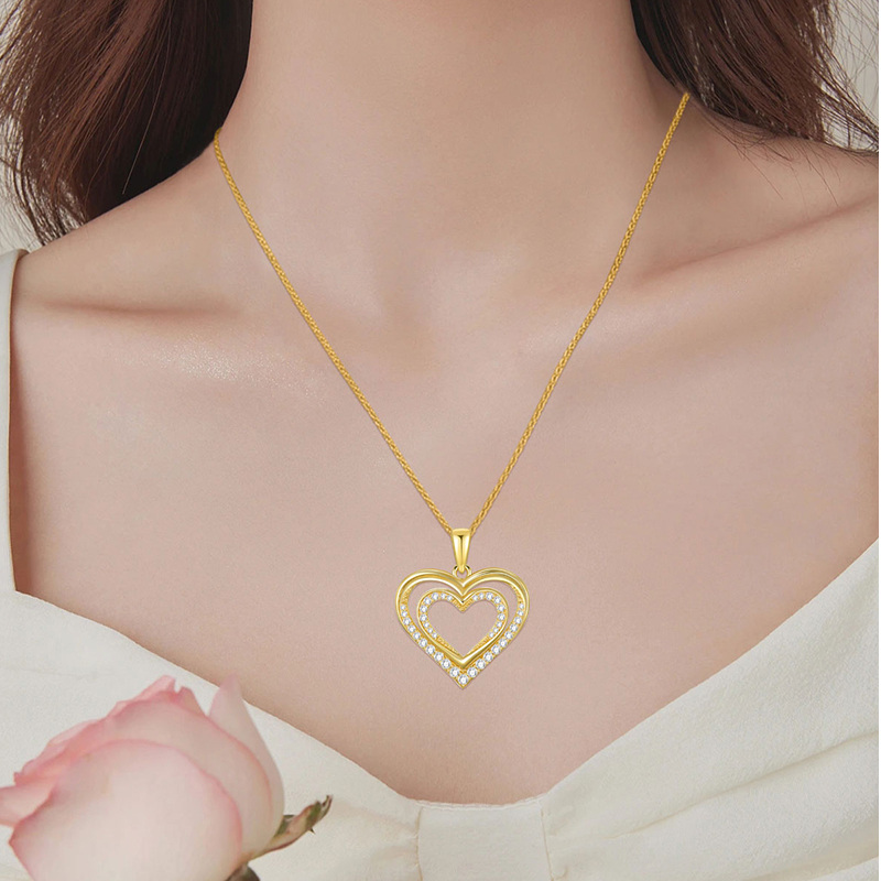 14K Yellow Gold Circular Cubic Zirconia Heart Pendant Necklace-2