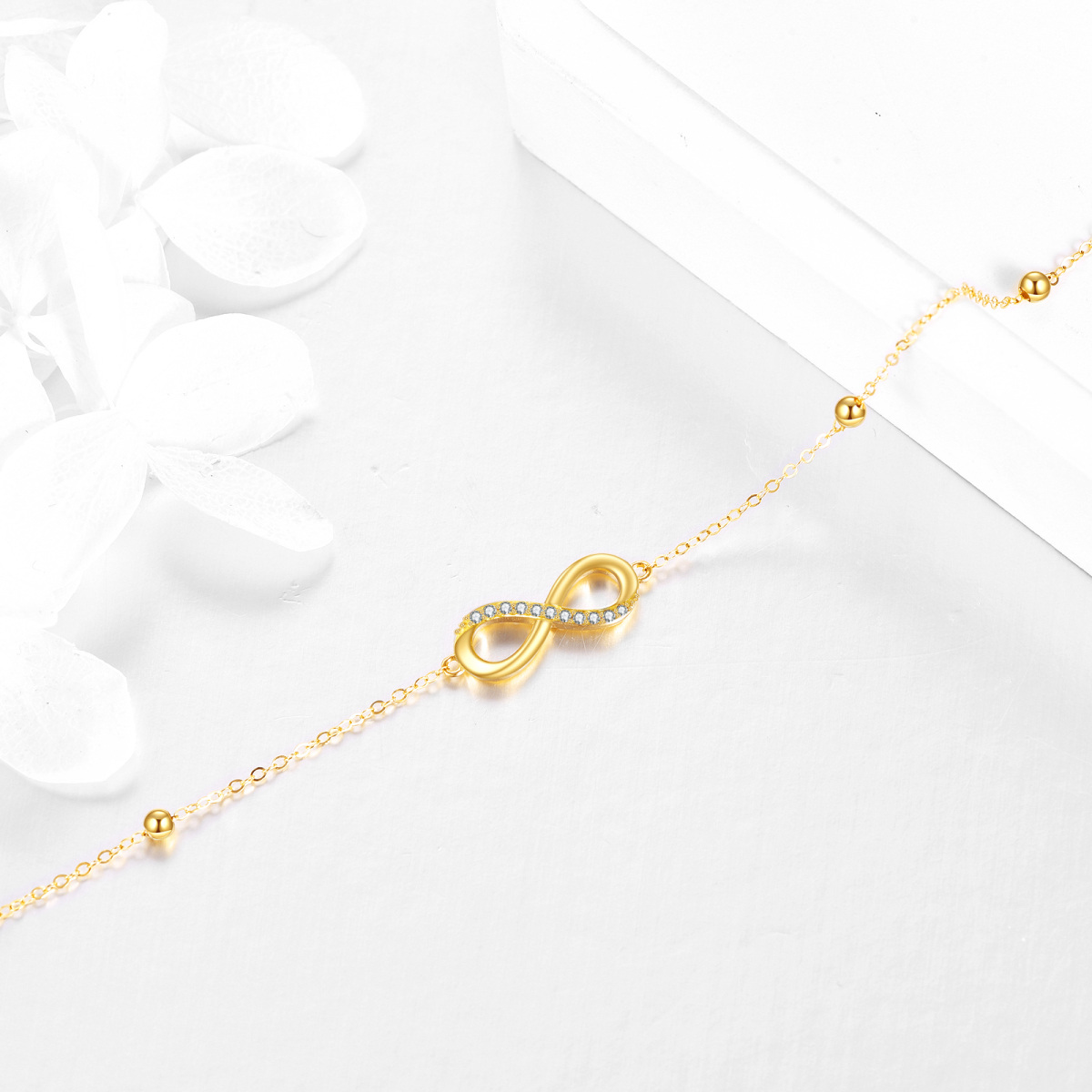 10K Yellow Gold Circular Cubic Zirconia Infinity Symbol Charm Bracelet-3