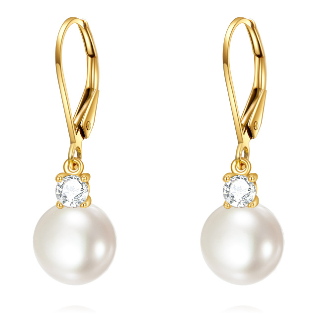 10K Yellow Gold Circular Moissanite & 9MM Freshwater Pearl Bead Lever-back Earrings