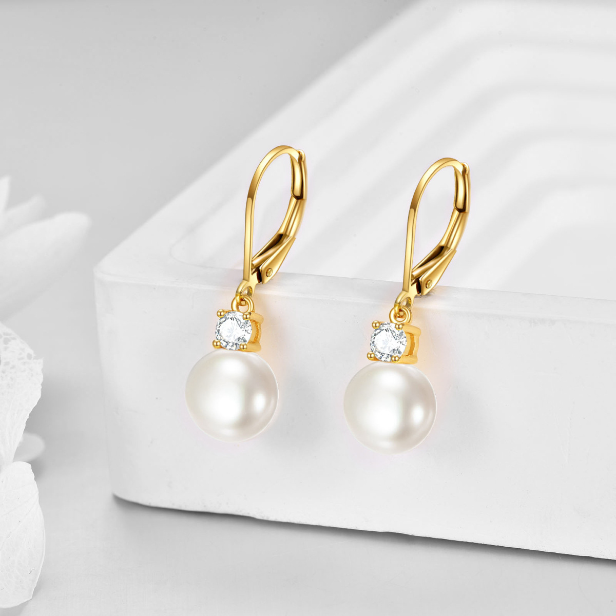 10K Yellow Gold Circular Moissanite & 9MM Freshwater Pearl Bead Lever-back Earrings-3