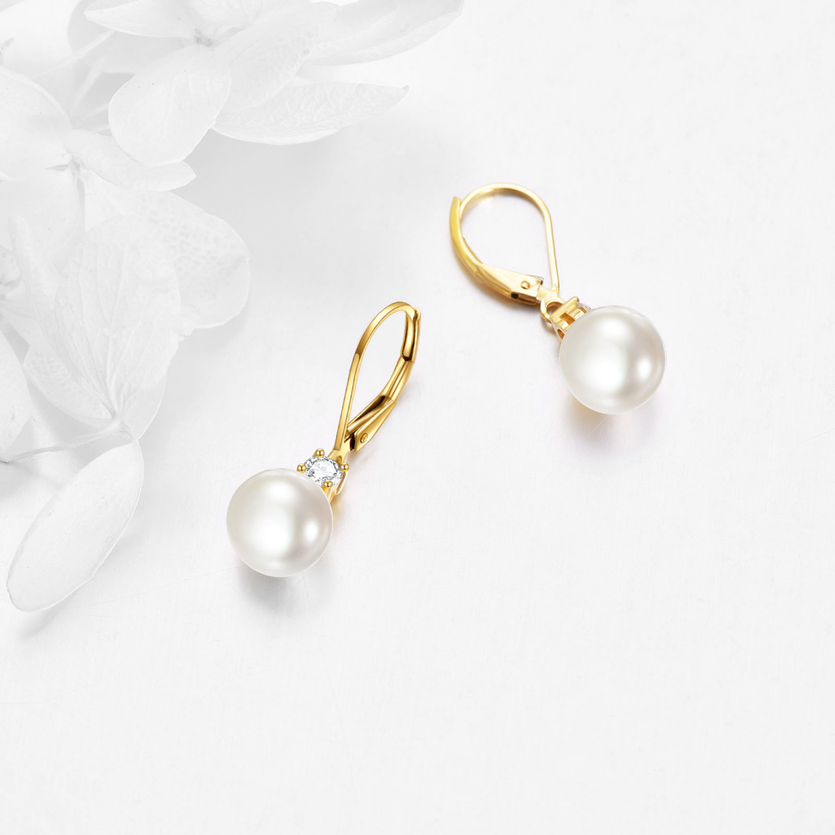 10K Yellow Gold Circular Moissanite & 9MM Freshwater Pearl Bead Lever-back Earrings-4