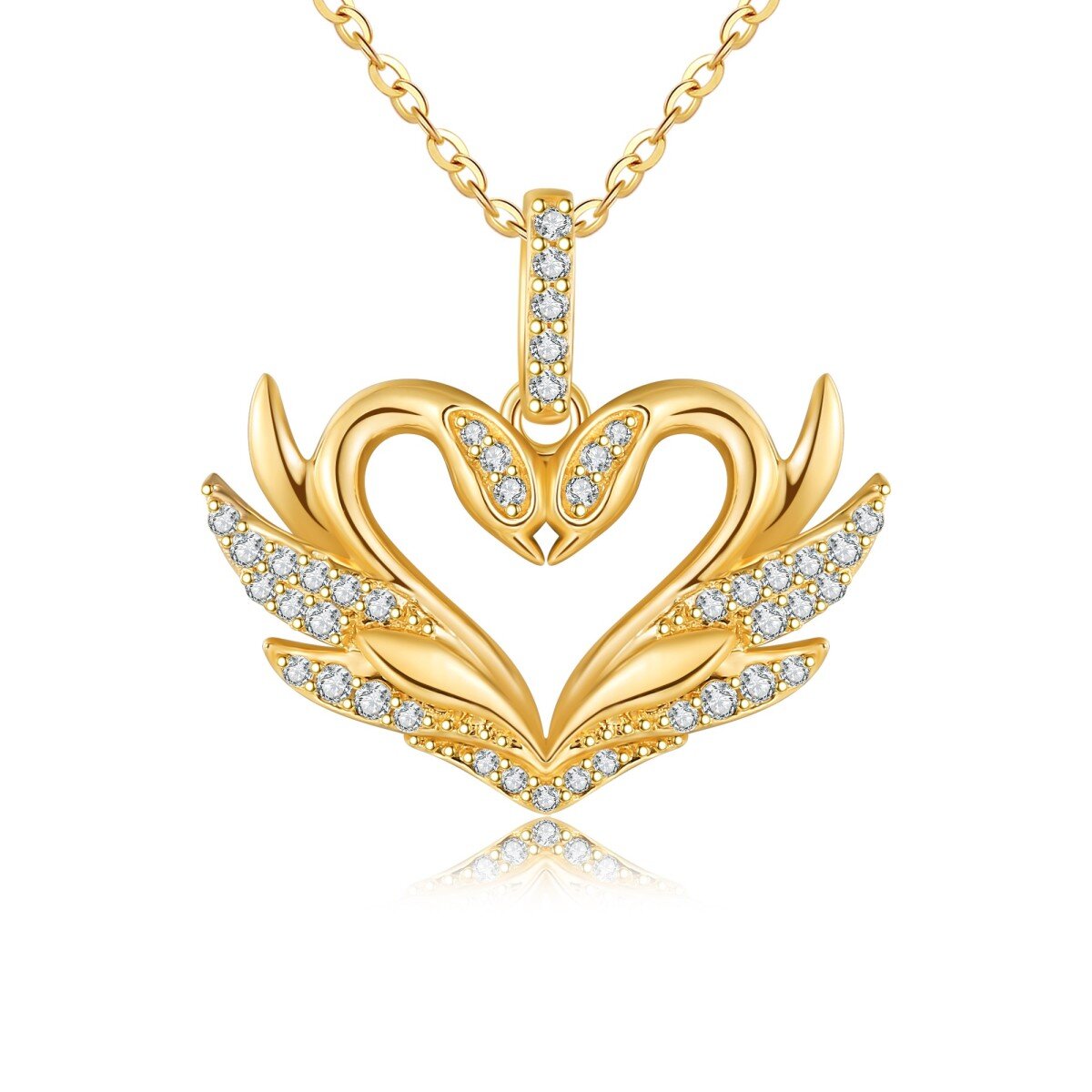 14K Yellow Gold Circular Moissanite Swan & Heart Pendant Necklace-1