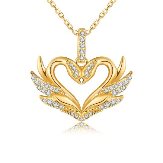 14K Yellow Gold Circular Moissanite Swan & Heart Pendant Necklace