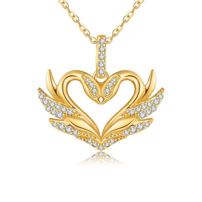 10K Yellow Gold Circular Moissanite Swan & Heart Pendant Necklace-11