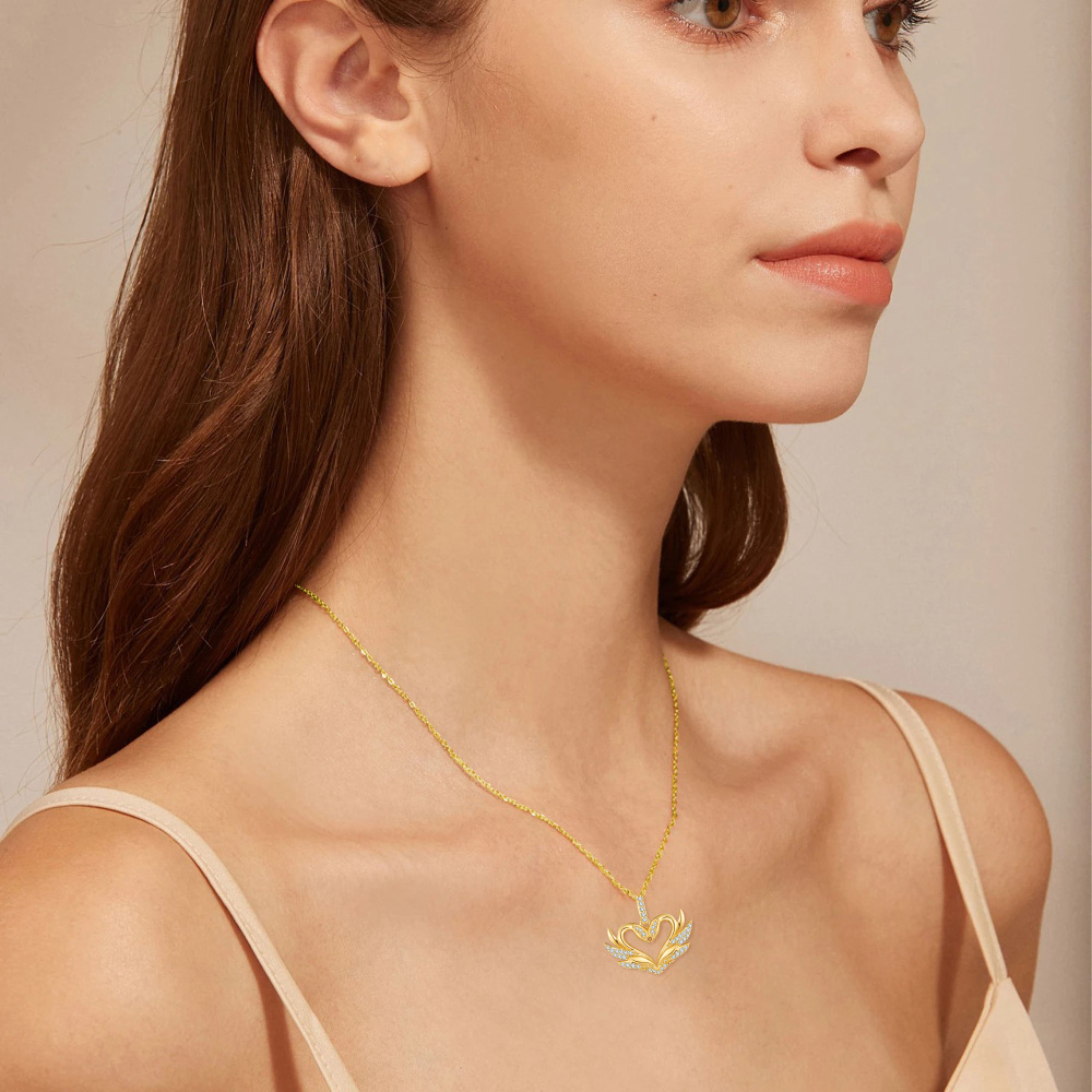 10K Yellow Gold Circular Moissanite Swan & Heart Pendant Necklace-2