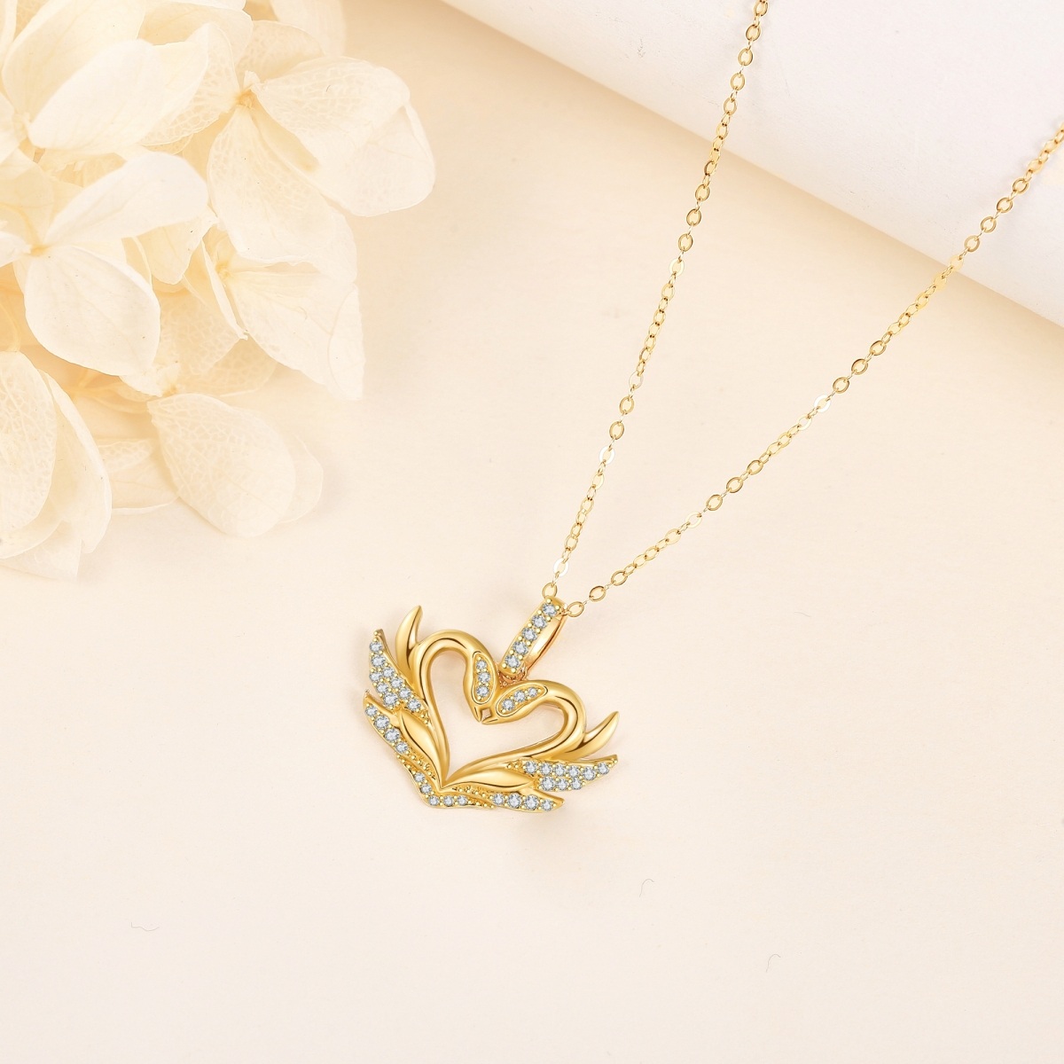 14K Yellow Gold Circular Moissanite Swan & Heart Pendant Necklace-3