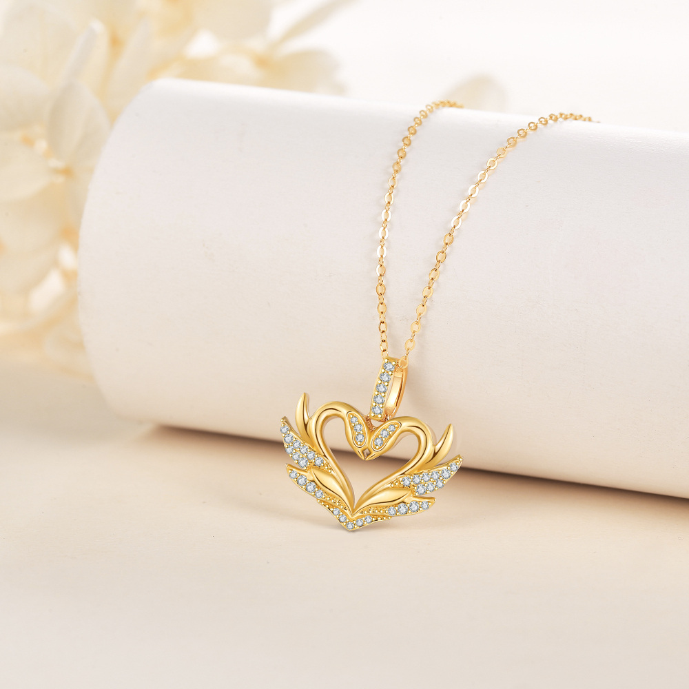 10K Yellow Gold Circular Moissanite Swan & Heart Pendant Necklace-4