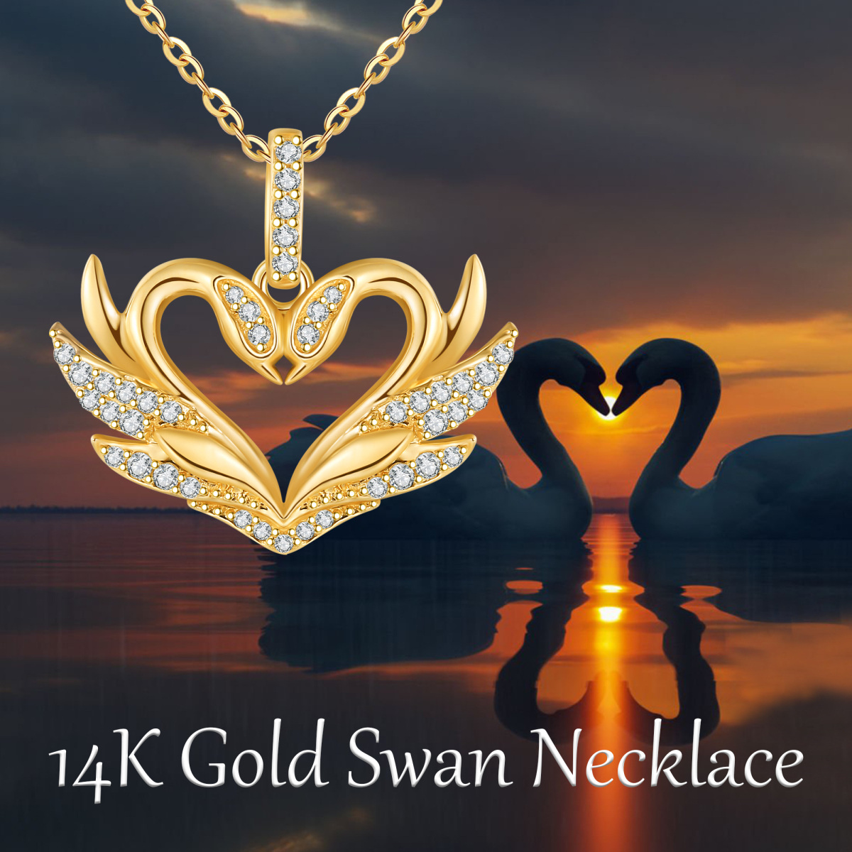 14K Yellow Gold Circular Moissanite Swan & Heart Pendant Necklace-6