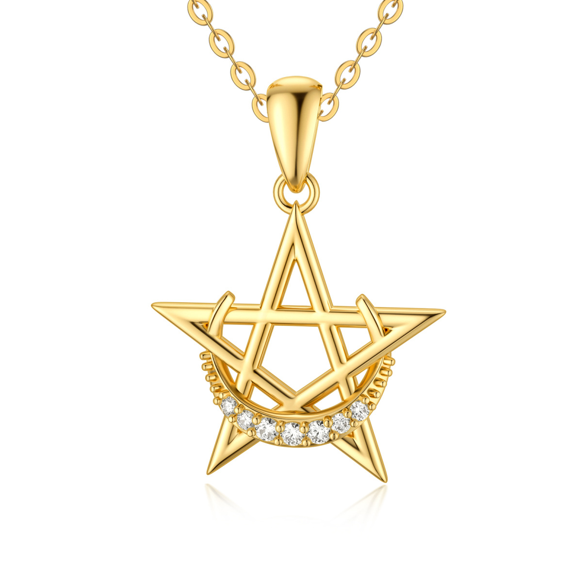 10K Yellow Gold Circular Cubic Zirconia Moon & Star Pendant Necklace