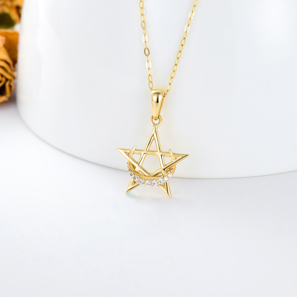 10K Yellow Gold Circular Cubic Zirconia Moon & Star Pendant Necklace-3