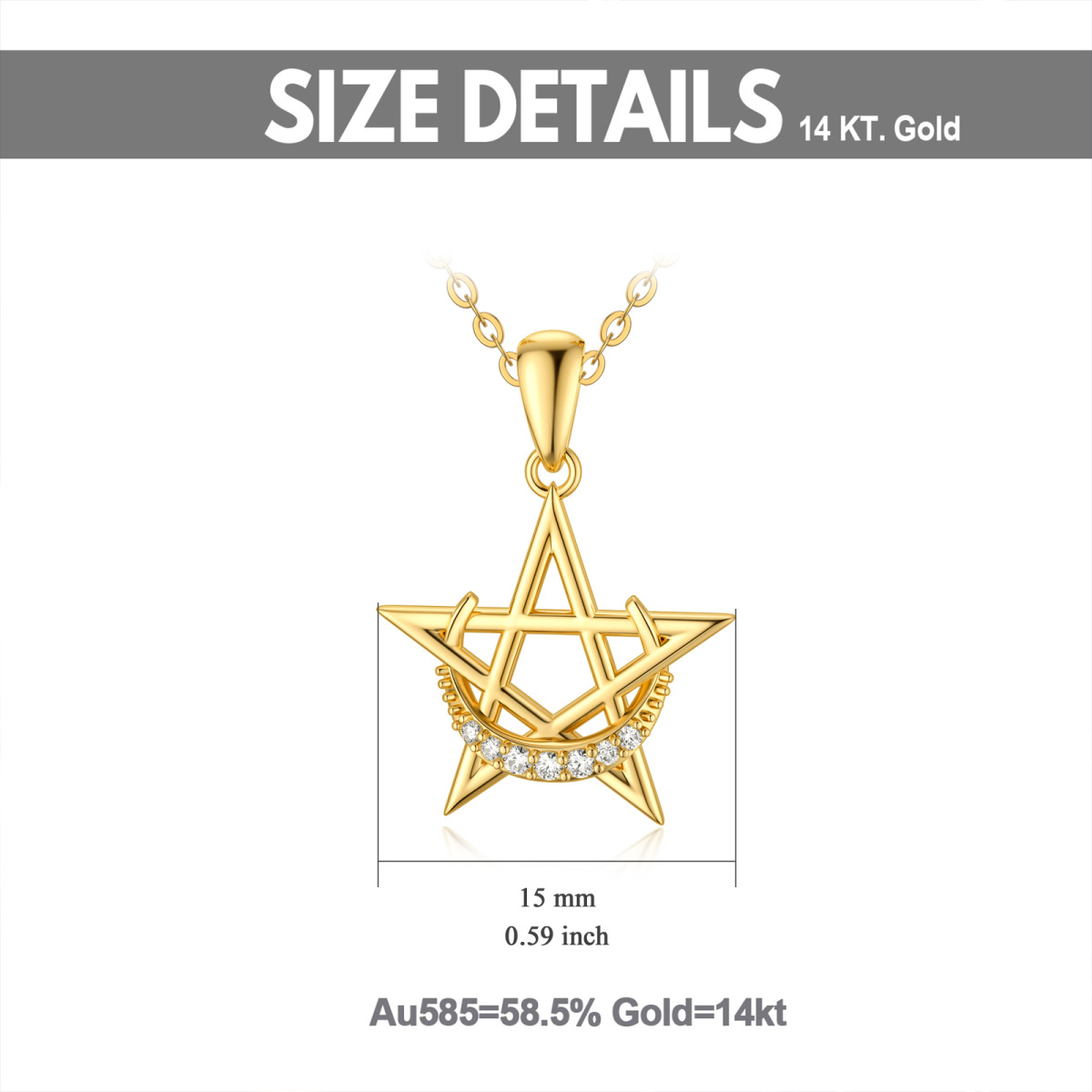 14K Geelgouden Ronde Kubieke Zirkonia Maanster Hanger Ketting-5