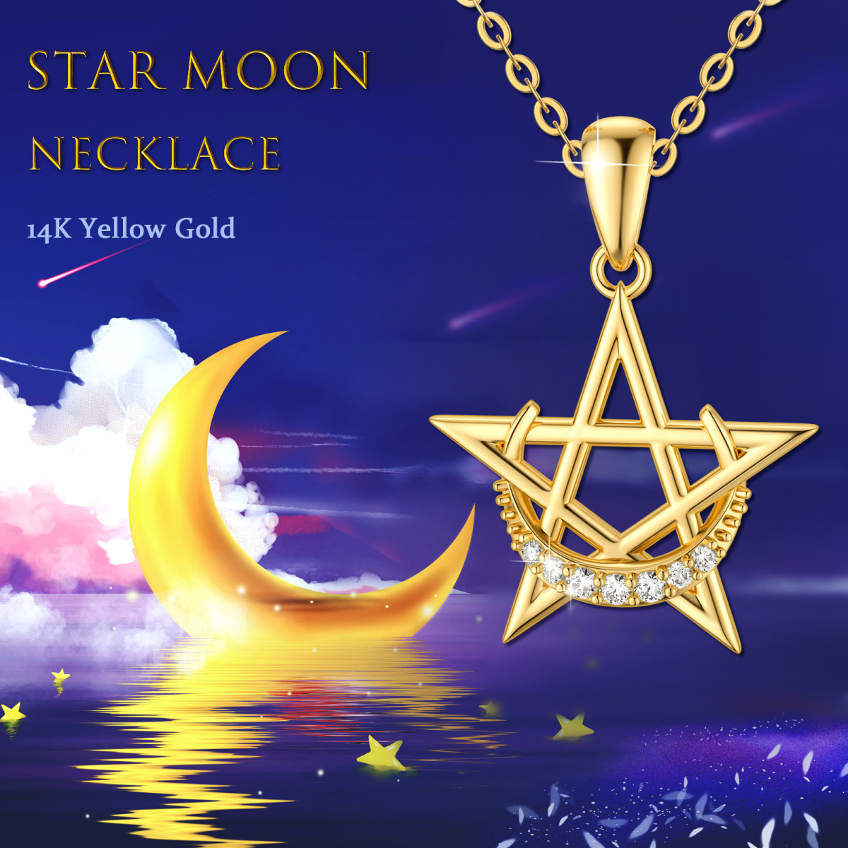 Collana con ciondolo a forma di stella lunare in zirconia cubica circolare in oro giallo 14K-6