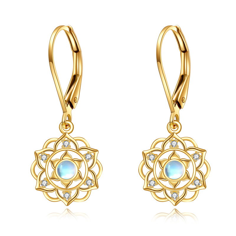 Boucles d'oreilles à levier circulaires en or jaune 14 carats avec pierre de lune et lotus bleu-1