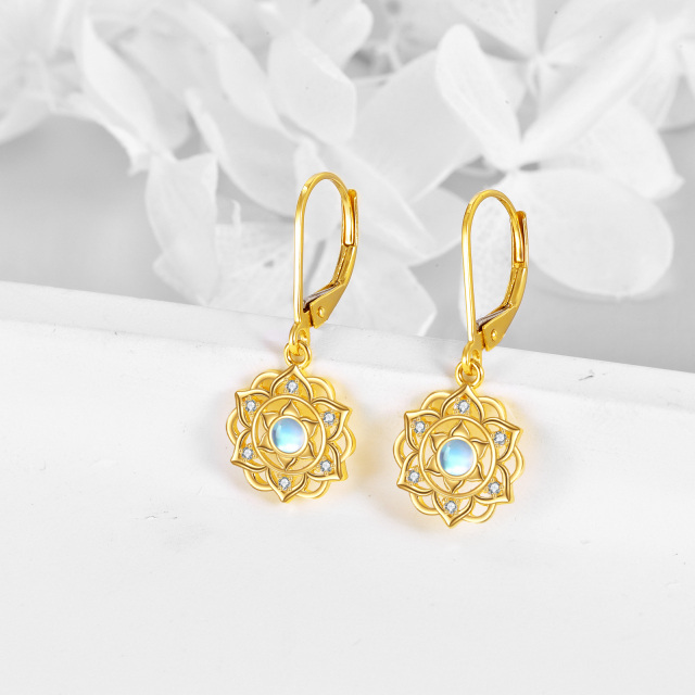 Boucles d'oreilles à levier circulaires en or jaune 14 carats avec pierre de lune et lotus bleu-3