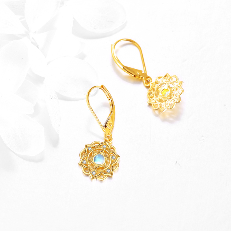 10K Yellow Gold Circular Moonstone Blue Lotus Lever-back Earrings-4