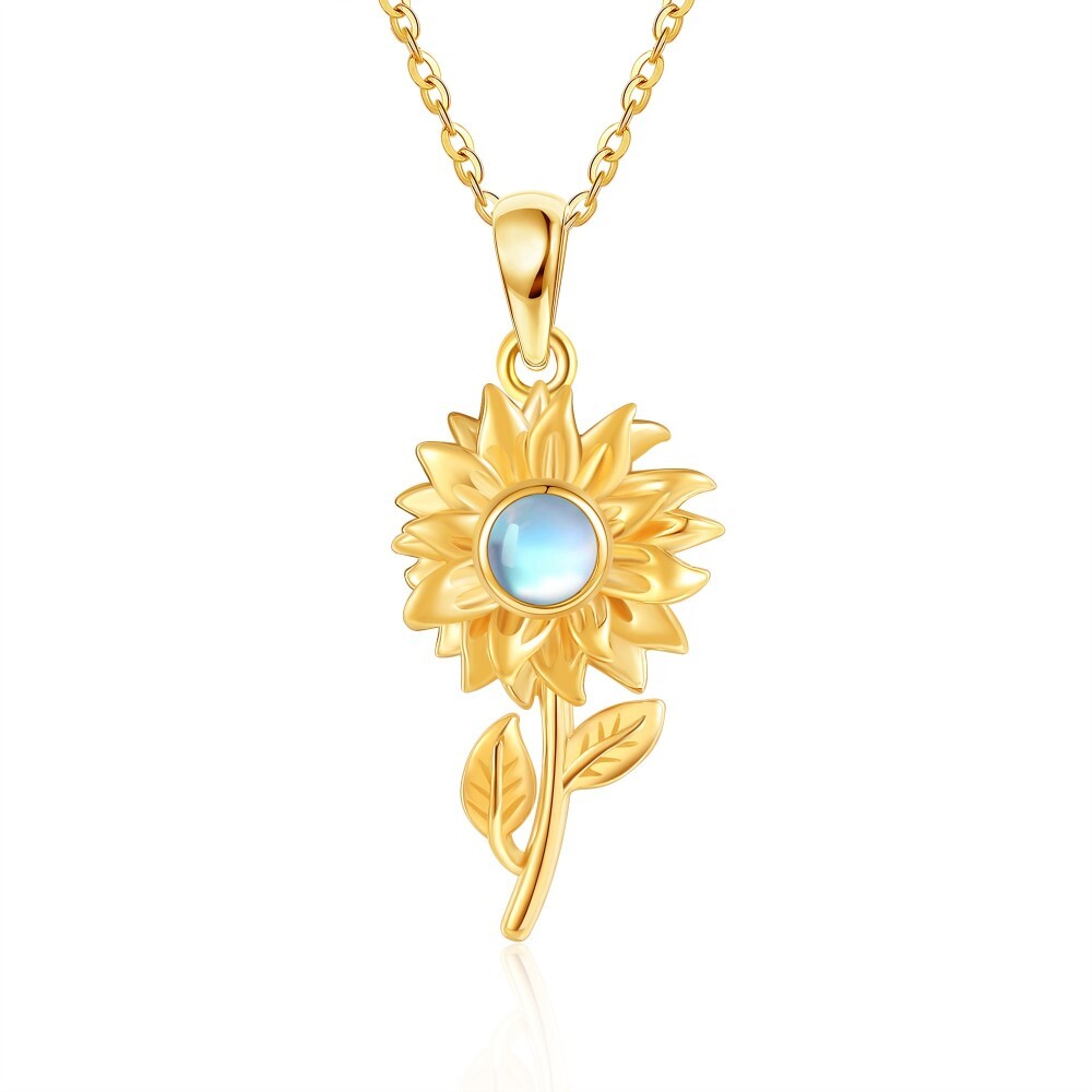Collar con colgante circular de girasol y piedra lunar en oro amarillo de 10 quilates-1