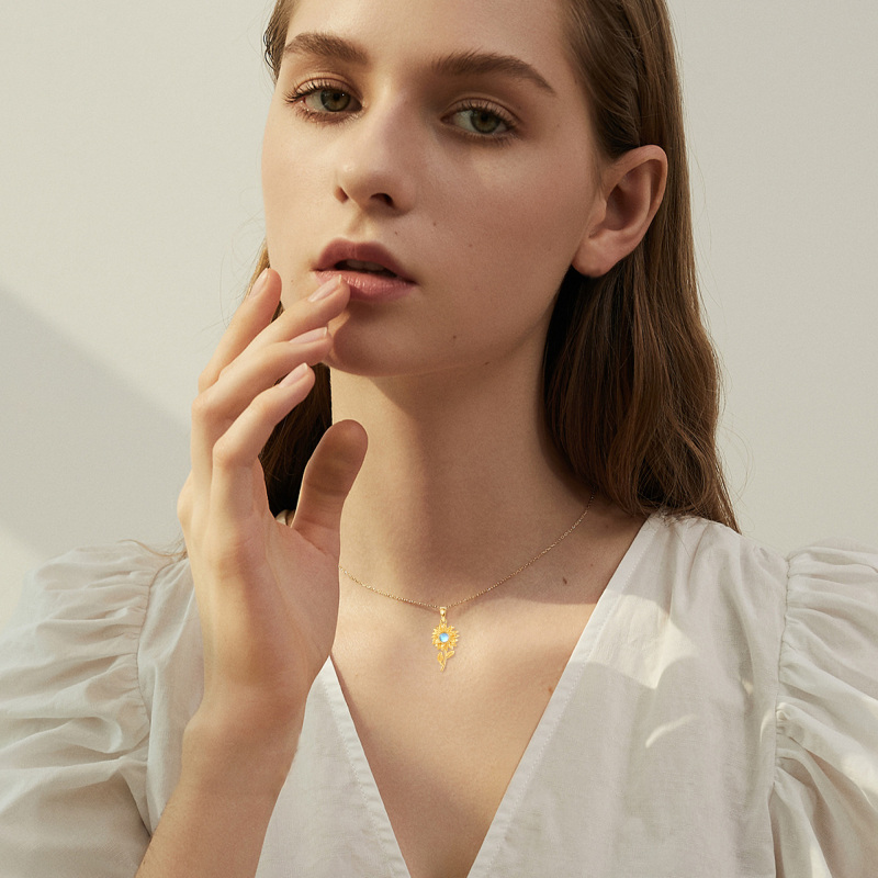 10K Yellow Gold Circular Moonstone Sunflower Pendant Necklace-2