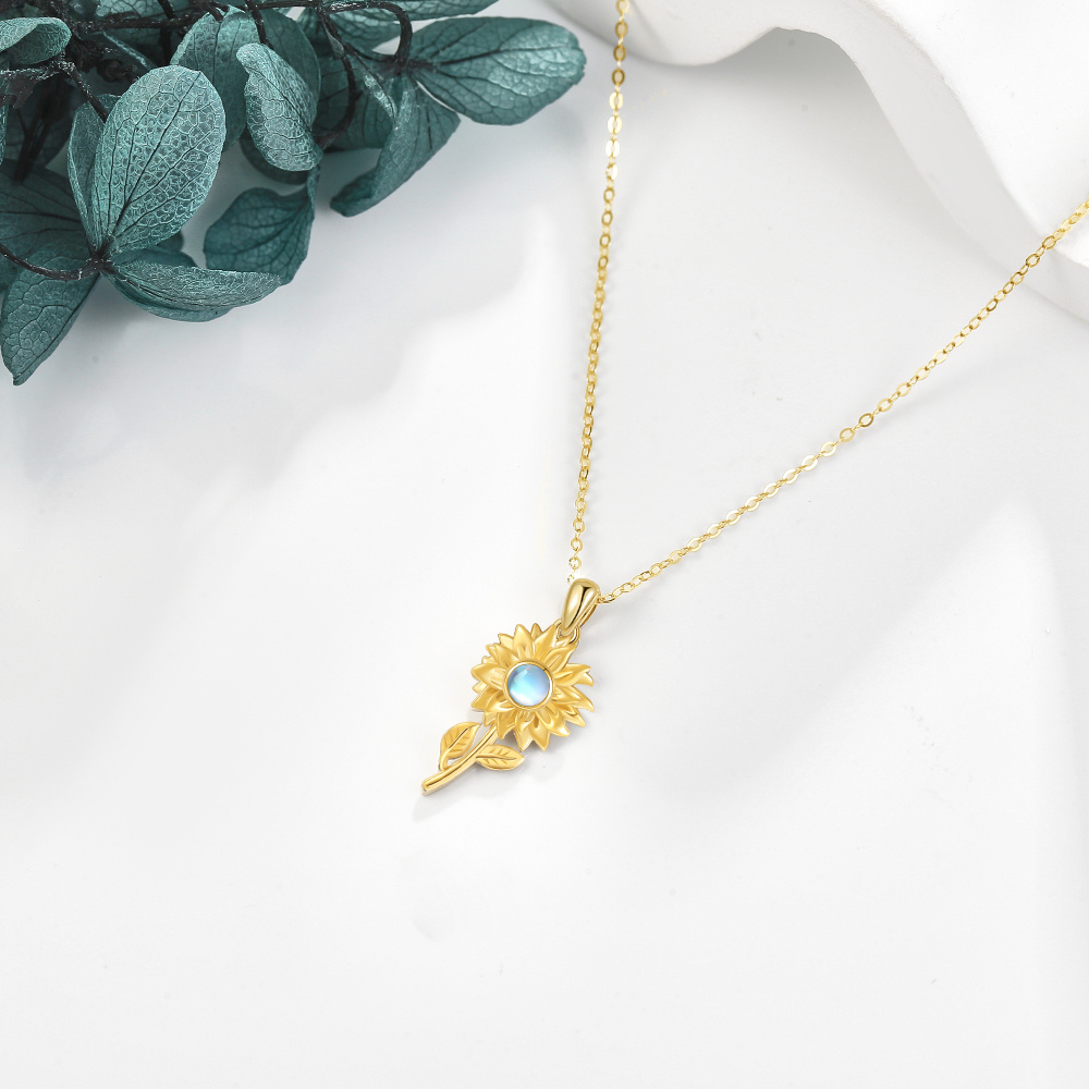Collar con colgante circular de girasol y piedra lunar en oro amarillo de 10 quilates-4