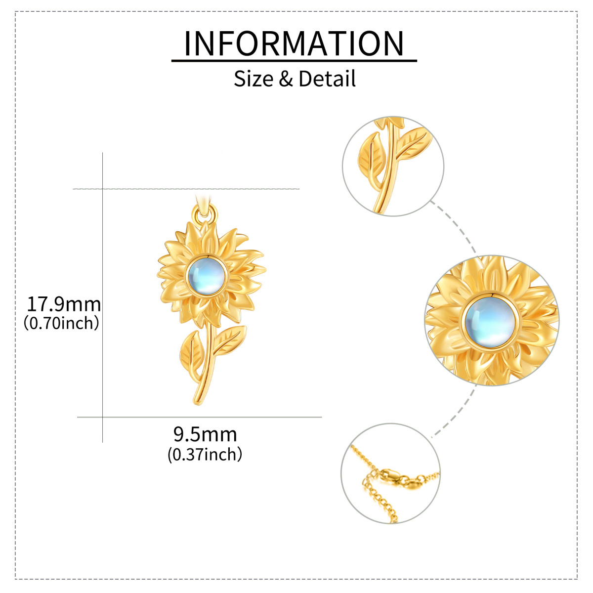 Halskette mit Sonnenblumen-Anhänger aus rundem Mondstein aus Gelbgold 14 Karat-5