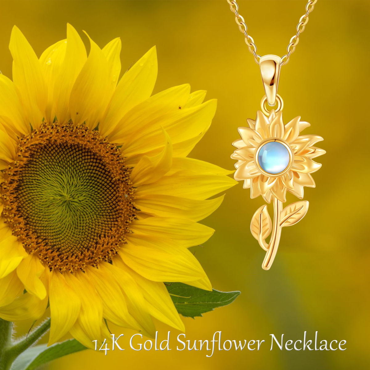 Collier avec pendentif en pierre de lune circulaire en or jaune 14 carats et tournesol-6