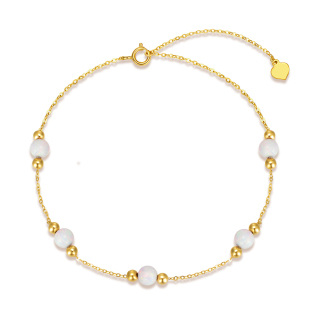 10K Yellow Gold Circular Opal Bead Single Layer Anklet-19